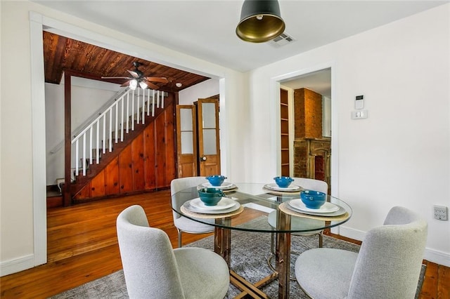 dining area with wood ceiling, ceiling fan, and dark wood-type flooring