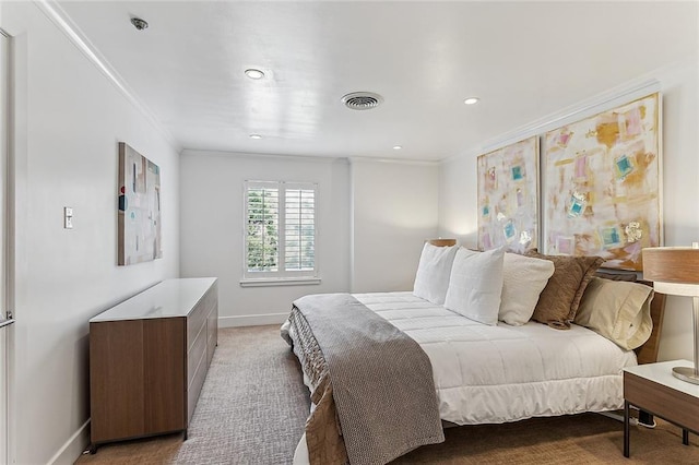 bedroom featuring carpet floors and ornamental molding