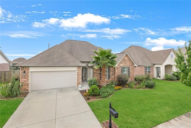 view of front of house with a front yard and a garage