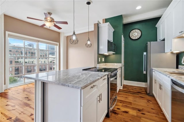 kitchen with appliances with stainless steel finishes, hardwood / wood-style floors, ceiling fan, and a wealth of natural light