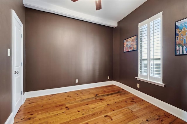 unfurnished room featuring ceiling fan, light wood-type flooring, and a healthy amount of sunlight