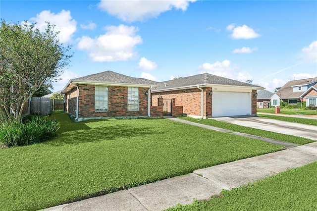 single story home with a front yard and a garage