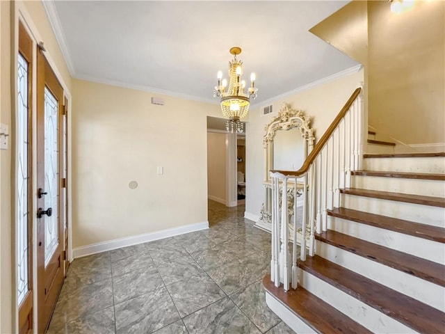 tiled entryway with an inviting chandelier, a wealth of natural light, and crown molding