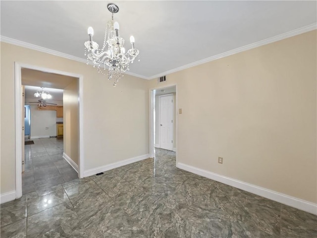 spare room with dark tile patterned floors, a notable chandelier, and crown molding