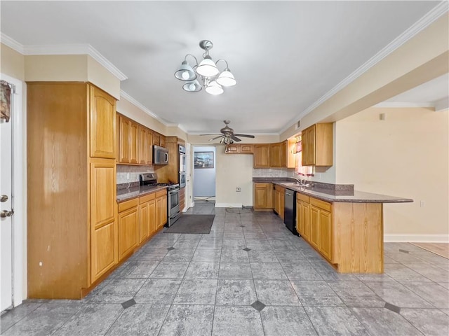 kitchen with tasteful backsplash, ceiling fan with notable chandelier, crown molding, appliances with stainless steel finishes, and tile patterned flooring