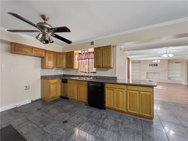 kitchen featuring kitchen peninsula, ceiling fan with notable chandelier, dark hardwood / wood-style flooring, black dishwasher, and sink