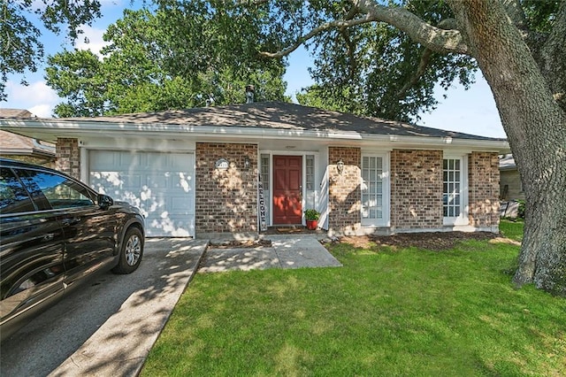 single story home with a garage and a front lawn