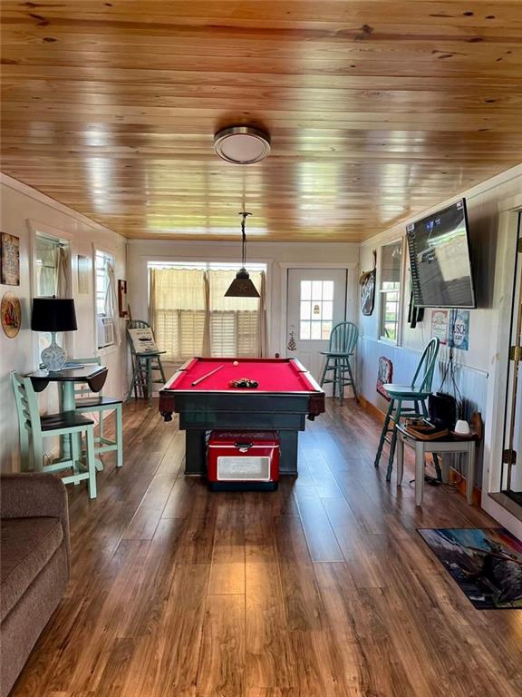 playroom with dark hardwood / wood-style flooring, wood ceiling, and billiards