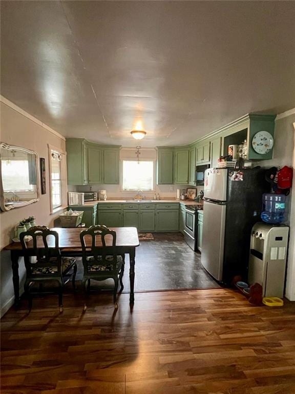 kitchen with dark hardwood / wood-style floors, green cabinets, crown molding, and stainless steel appliances