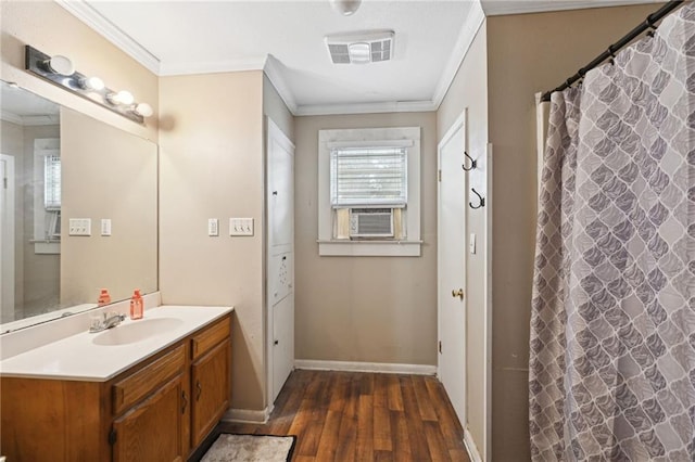 bathroom featuring a shower with shower curtain, vanity, hardwood / wood-style floors, cooling unit, and crown molding