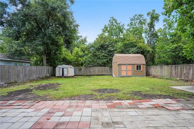 view of yard featuring a patio area and a shed