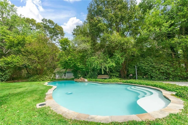 view of swimming pool featuring a yard