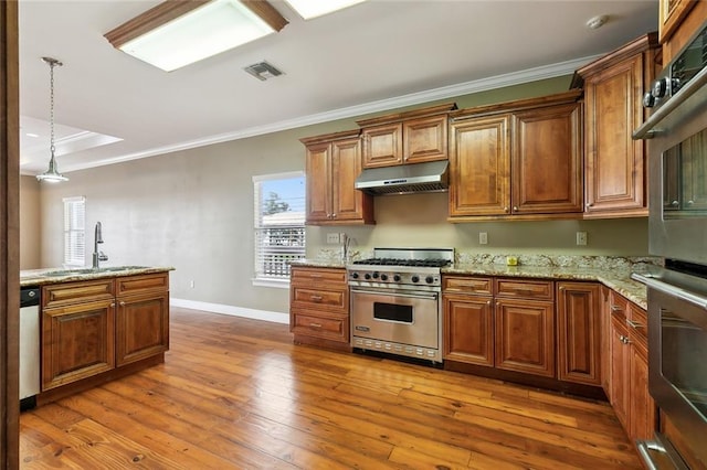 kitchen featuring pendant lighting, wood-type flooring, sink, and appliances with stainless steel finishes