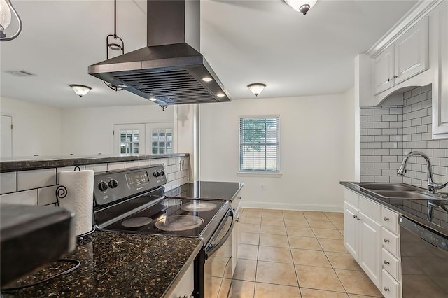 kitchen with white cabinetry, tasteful backsplash, black appliances, island exhaust hood, and sink