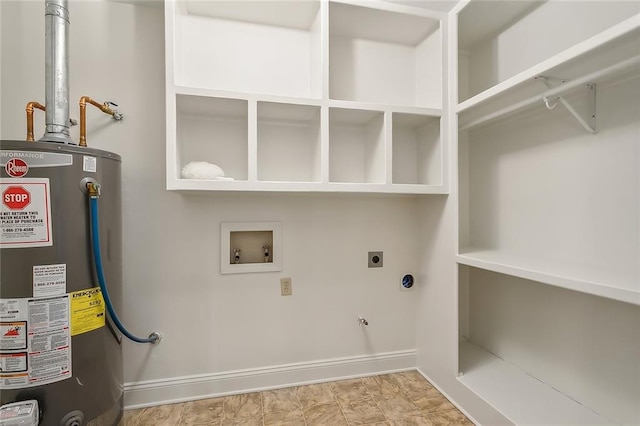 washroom featuring tile patterned flooring, gas water heater, hookup for an electric dryer, and washer hookup