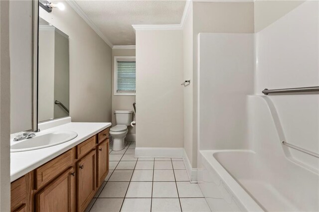 full bathroom featuring vanity, tile patterned floors, ornamental molding, tub / shower combination, and toilet