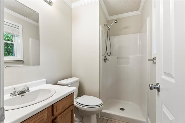 bathroom featuring a shower, a textured ceiling, toilet, vanity, and tile patterned floors