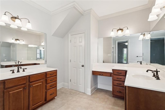 bathroom with vanity, tile patterned flooring, and crown molding