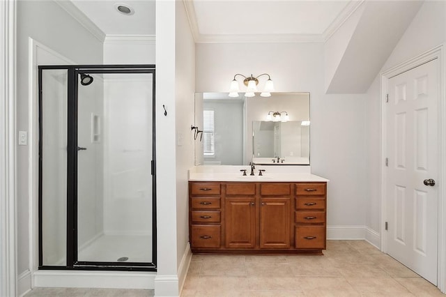 bathroom featuring tile patterned flooring, vanity, ornamental molding, and a shower with shower door