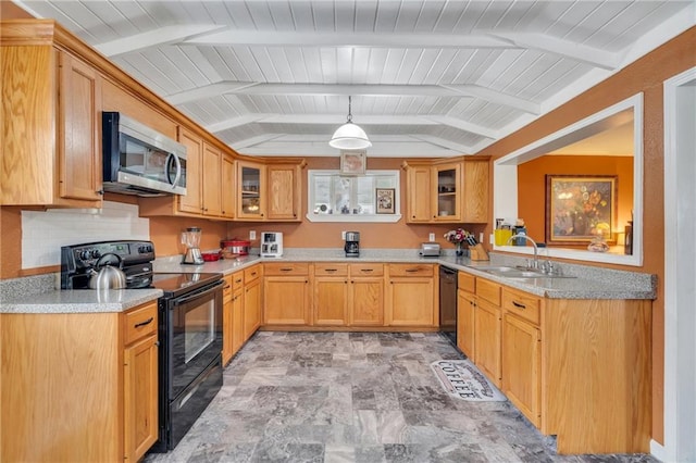 kitchen with sink, beamed ceiling, tasteful backsplash, hanging light fixtures, and black appliances