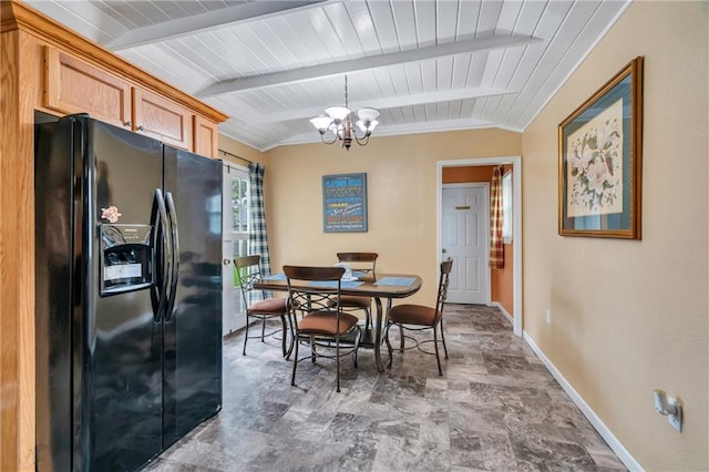 dining space featuring an inviting chandelier, wooden ceiling, and vaulted ceiling with beams