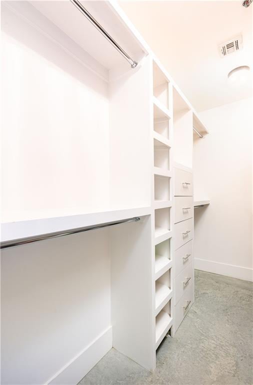 walk in closet with light colored carpet