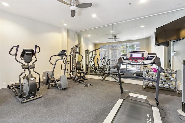 exercise room with ceiling fan