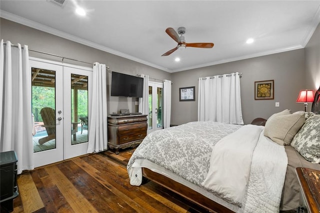 bedroom with access to exterior, ceiling fan, french doors, dark wood-type flooring, and ornamental molding