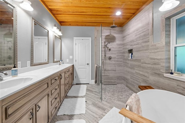 bathroom with vanity, separate shower and tub, and wooden ceiling