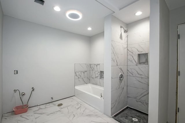 bathroom featuring independent shower and bath and tile patterned floors