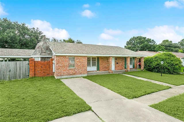 ranch-style house with driveway, covered porch, a front yard, fence, and brick siding