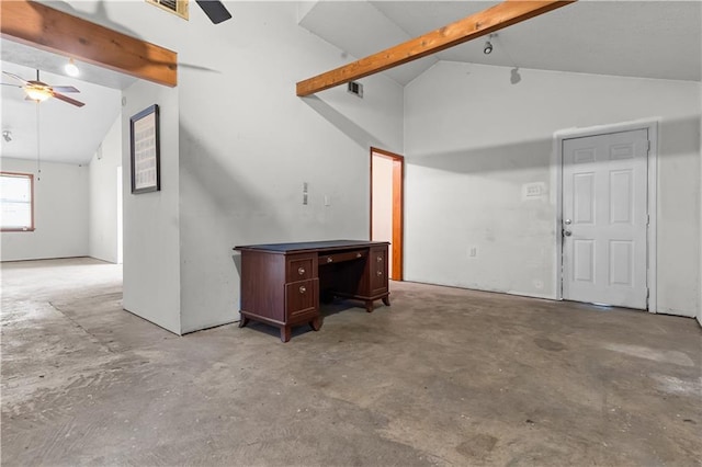 unfurnished room featuring ceiling fan, lofted ceiling with beams, unfinished concrete floors, and visible vents