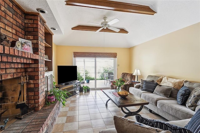 tiled living room with vaulted ceiling with beams, a textured ceiling, built in features, ceiling fan, and a fireplace