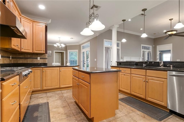 kitchen featuring appliances with stainless steel finishes, pendant lighting, and exhaust hood