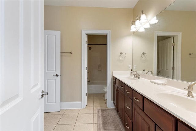 full bathroom featuring tub / shower combination, vanity, toilet, and tile patterned floors