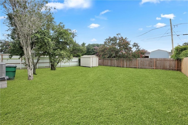 view of yard featuring a shed and central air condition unit