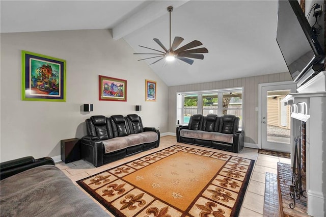 tiled living room featuring ceiling fan and vaulted ceiling with beams