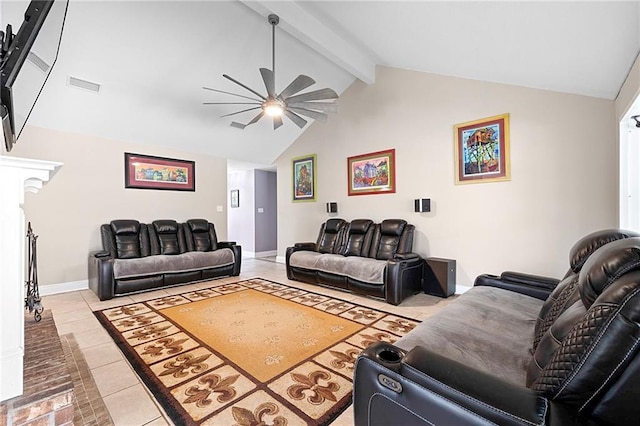 living room with lofted ceiling with beams, light tile patterned floors, and ceiling fan