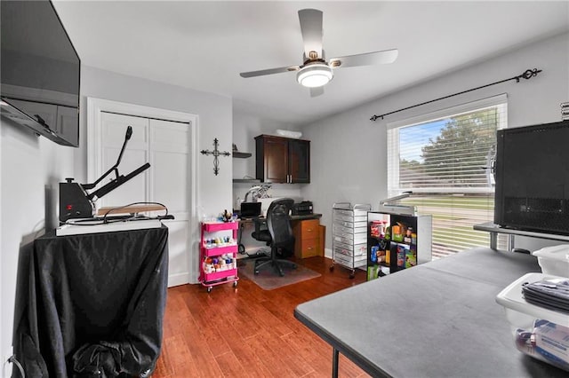 office space featuring ceiling fan and wood-type flooring