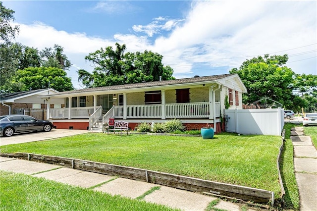 view of front of property featuring covered porch and a front lawn