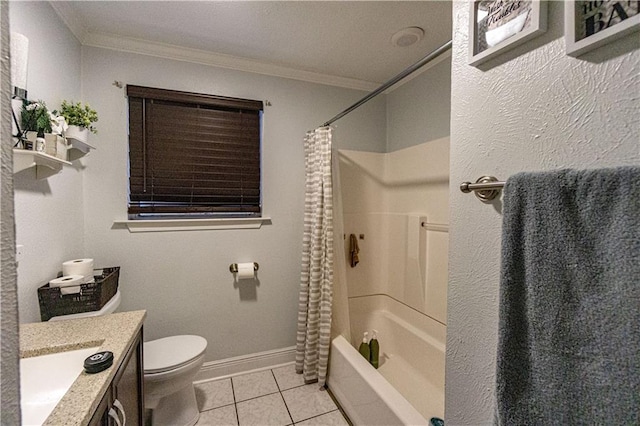 full bathroom with crown molding, shower / tub combo with curtain, tile patterned floors, toilet, and vanity