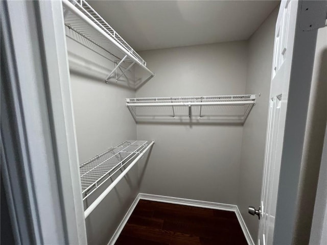 walk in closet with wood finished floors