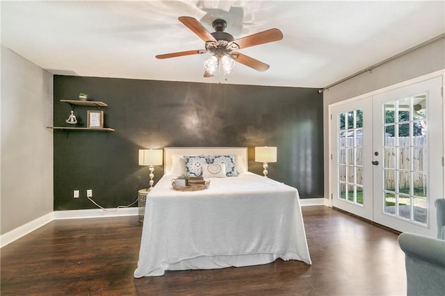 bedroom featuring access to exterior, french doors, dark hardwood / wood-style flooring, and ceiling fan