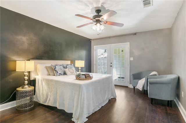 bedroom with ceiling fan, dark hardwood / wood-style floors, access to outside, and french doors