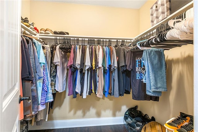 spacious closet with dark hardwood / wood-style flooring