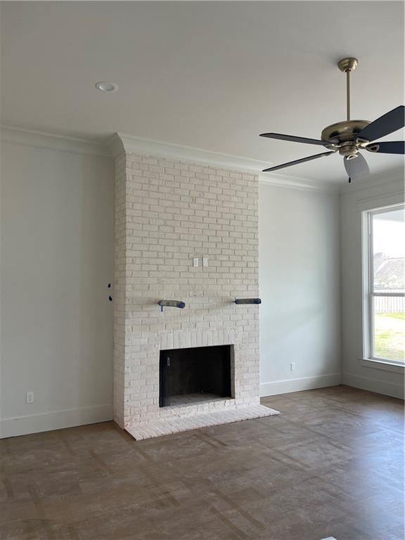 unfurnished living room with a fireplace, ornamental molding, and ceiling fan