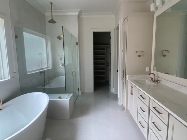 bathroom featuring independent shower and bath, vanity, and crown molding