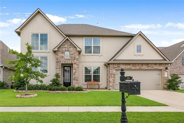 view of front of property with driveway, a front yard, and stucco siding