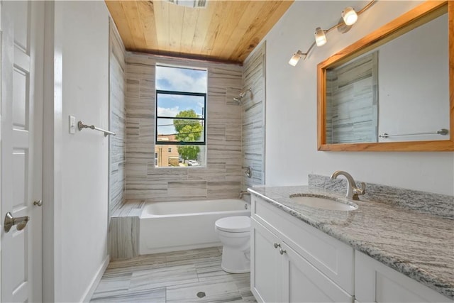 full bathroom with toilet, vanity, tiled shower / bath, and wooden ceiling