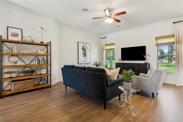 living room featuring a healthy amount of sunlight, ornamental molding, and hardwood / wood-style flooring